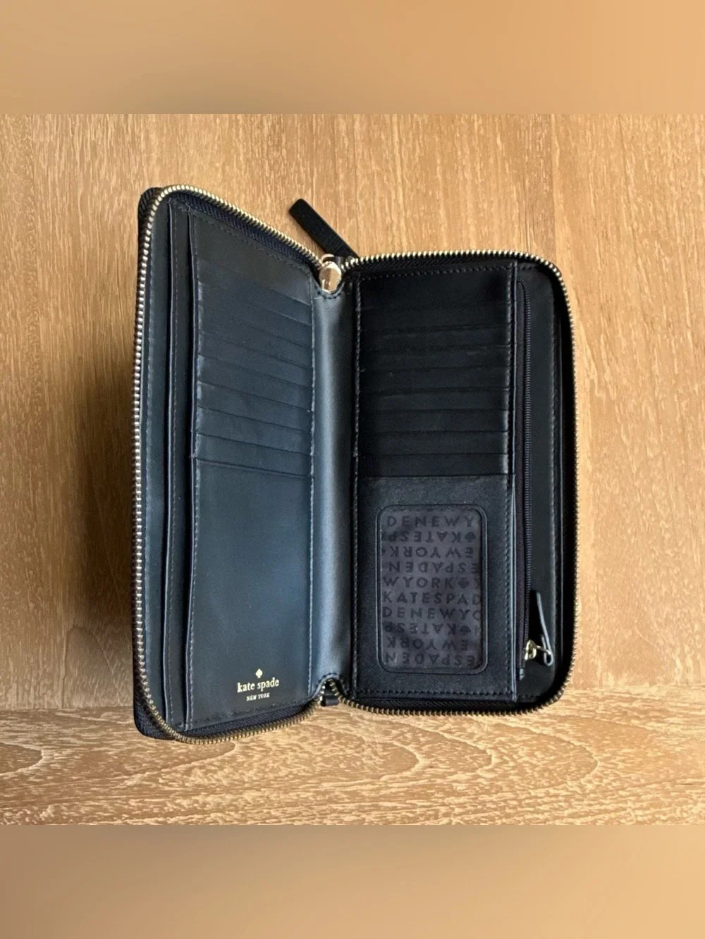 Kate Spade Black Pebbled Leather Zip-around Wallet with Gold Studs